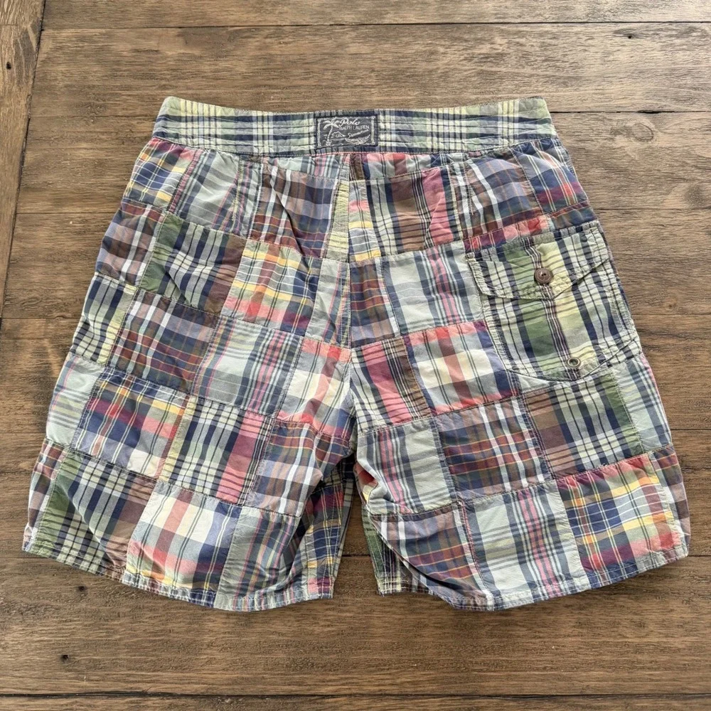 Polo Ralph Lauren Mens Patchwork Madras Plaid Board Shorts Swim Trunks Size 32